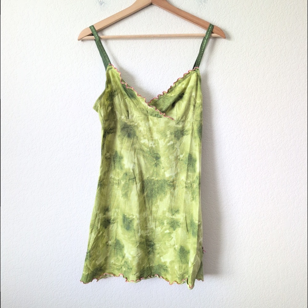 Jasmine & Ginger Green Tie Dye Lettuce Edge Chemise Dress Large Y2K Fairy Whimsy
